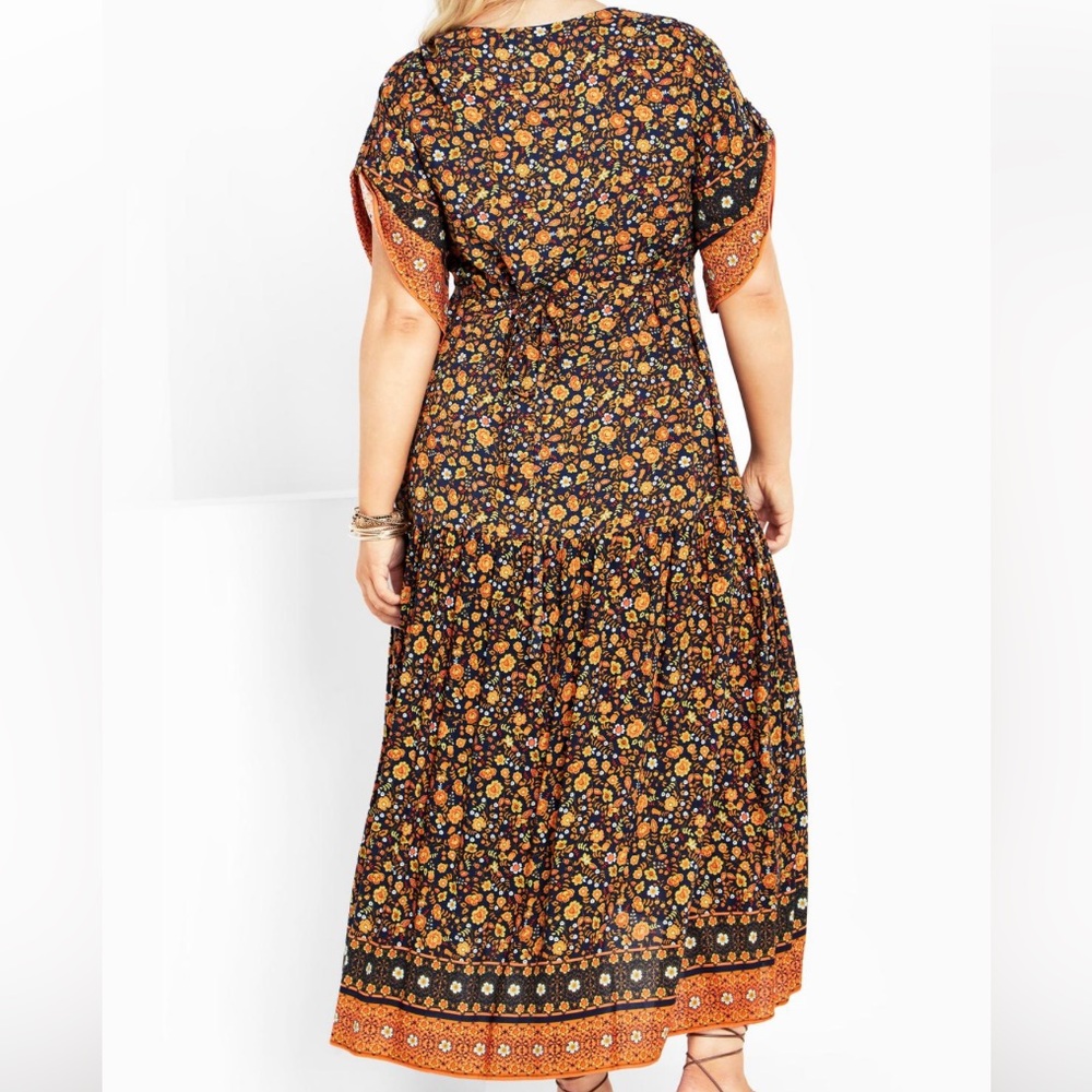 Cottagecore Black Orange Ditsy Floral Pleated Maxi Dress Tall Plus Size 26/28 - Picture 5 of 17